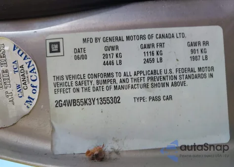 2000 Buick Regal Ls from USA, damaged, VIN 2G4WB55K3Y1355302
